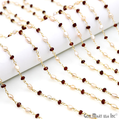 Garnet & Pink Pearl Gold Plated Wire Wrapped Rosary Chain