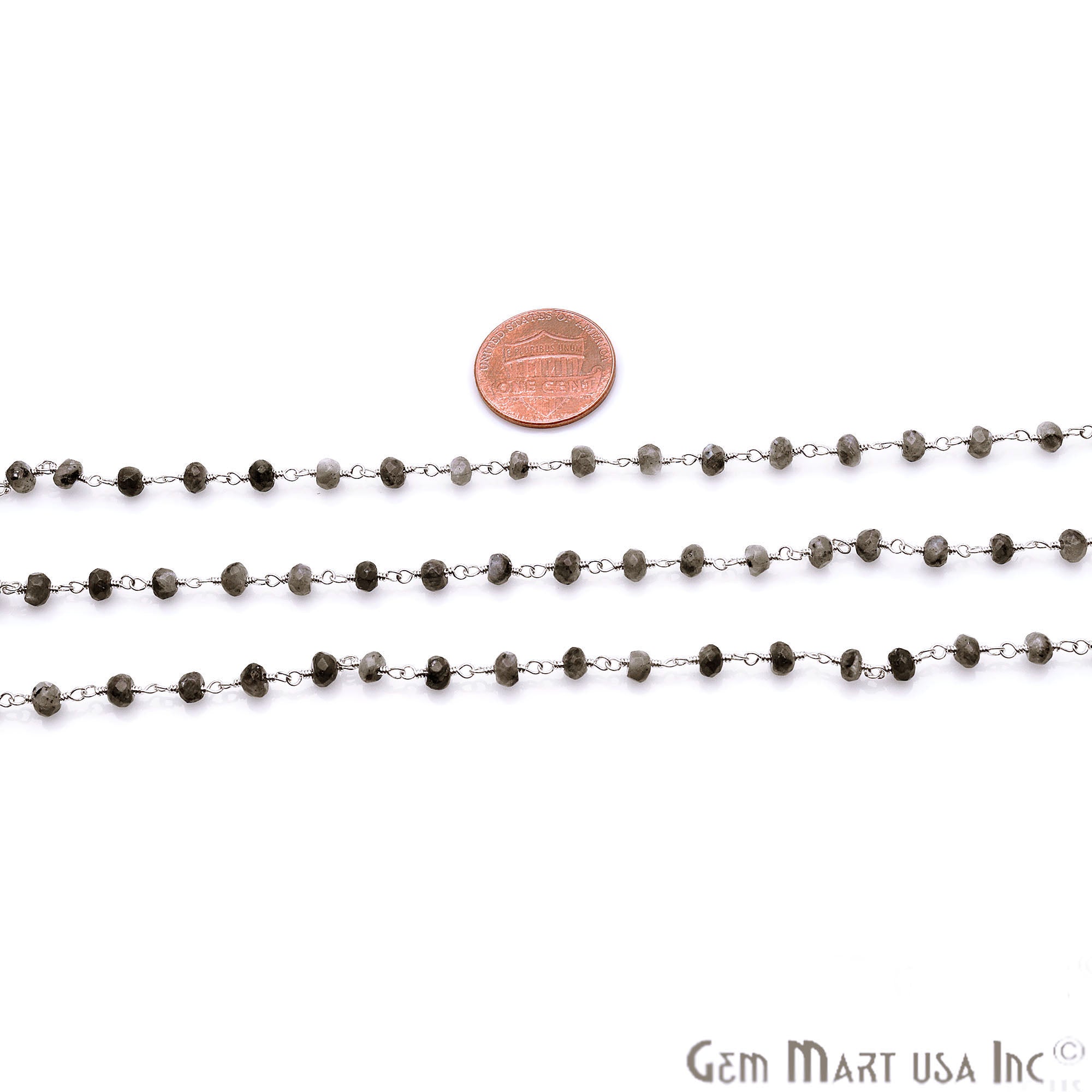 Black Rutilated Jade Faceted Beads Silver Plated Wire Wrapped Rosary Chain - GemMartUSA