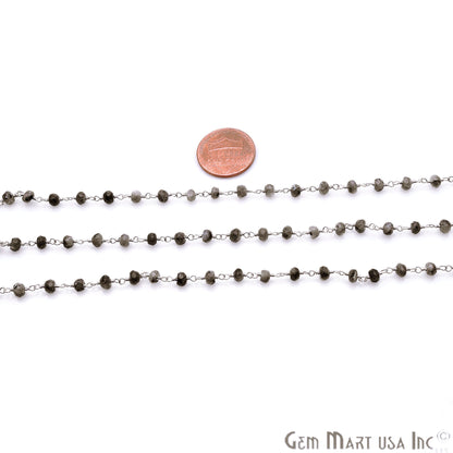 Black Rutilated Jade Faceted Beads Silver Plated Wire Wrapped Rosary Chain - GemMartUSA