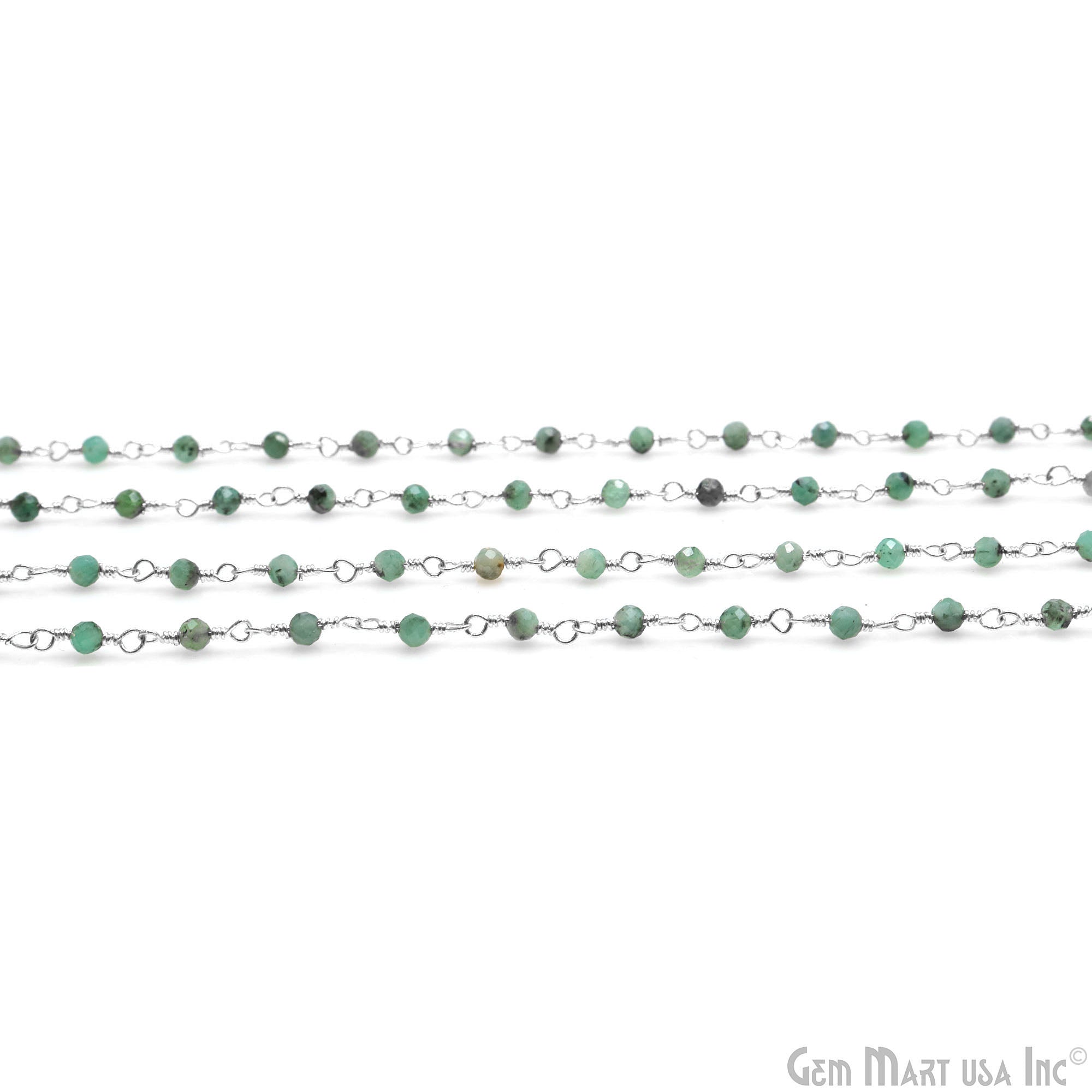 Emerald Faceted 2-2.5mm Tiny Beads Silver Plated Wire Wrapped Rosary Chain