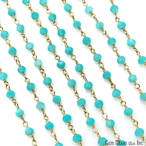 Dark Aqua Chalcedony Faceted Round 3-3.5mm Tiny Beads Gold Plated Wire Wrapped Rosary Chain