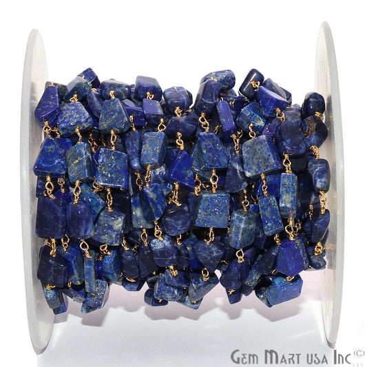 Lapis Smooth 12x8mm Tumble Gold Wire Wrap Rough Bead Faceted Rosary Chain - GemMartUSA