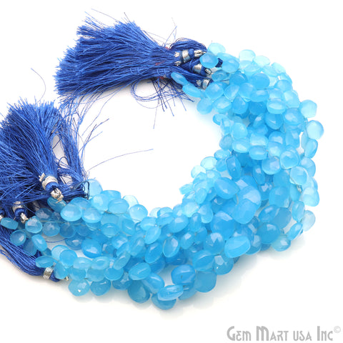 Sky Blue Chalcedony Heart Beads, 8 Inch Gemstone Strands, Drilled Strung Briolette Beads, Heart Shape, 7-10mm