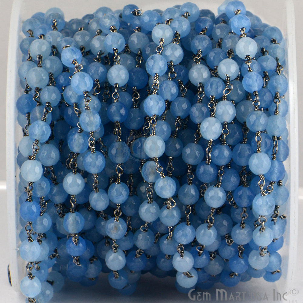 Baby Blue Jade Faceted Beads 6mm Oxidized Wire Wrapped Rosary Chain - GemMartUSA