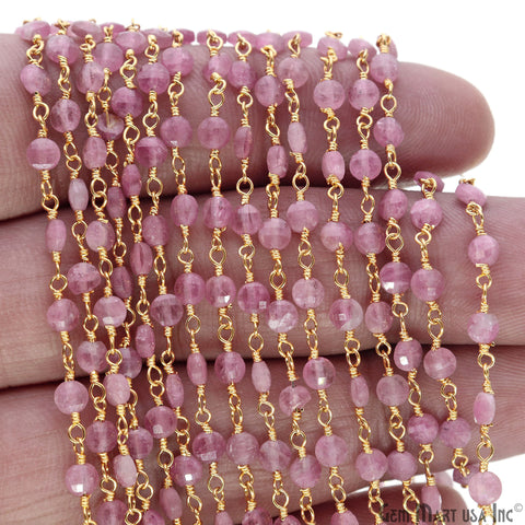 Pink Tourmaline Faceted Coin 3-4mm Gold Wire Wrapped Rosary Chain