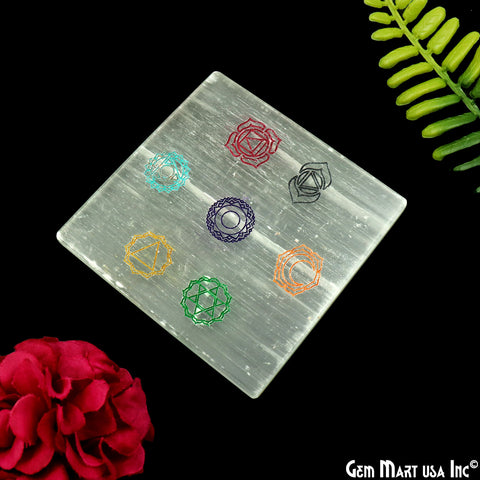 Selenite Charging Plate Square, Etched Engraved 7 Chakras with AAA quality | 2.5-3 Inch Handmade Healing Stone for Meditation