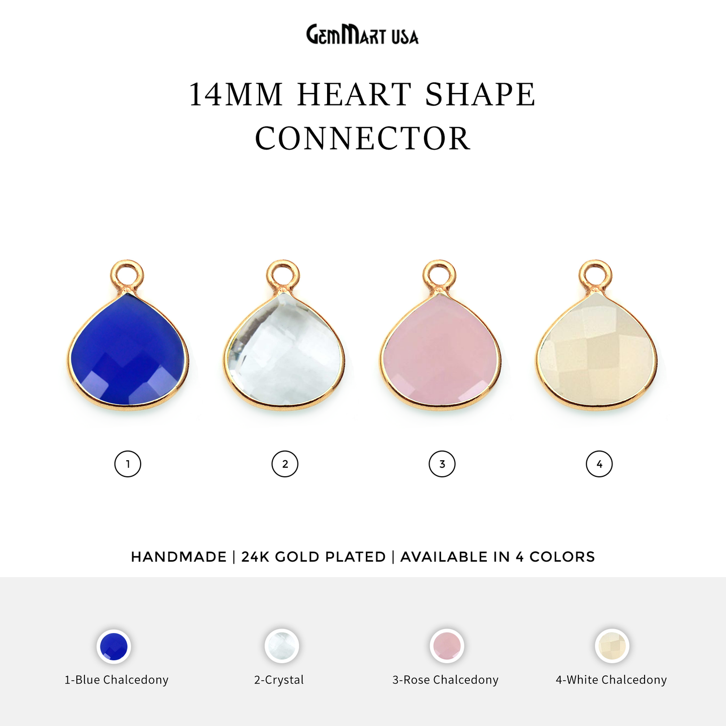 Heart 14mm Single Point Bail Gold Bezel Gemstone Connector