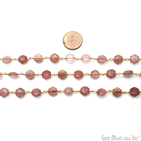 Strawberry Quartz Faceted Hexagon Beads 7-8mm Gold Plated Wire Wrapped Rosary Chain