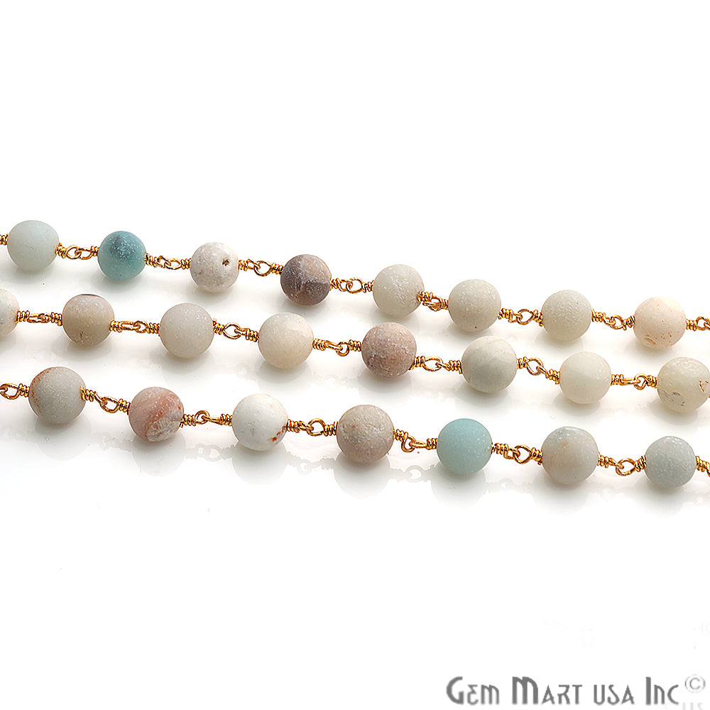Amazonite Frosted Gold Plated Wire Wrapped Round Beads Rosary Chain - GemMartUSA