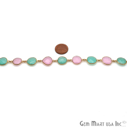 Rose With Aqua Chalcedony 10-15mm Free Form Gold Continuous Connector Chain - GemMartUSA