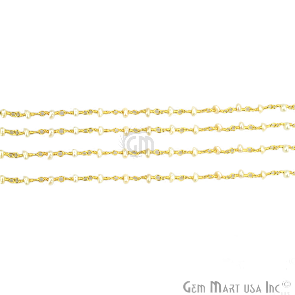 Pearl 2mm Beads Gold Plated Wire Wrapped Gemstone Rosary Chain - GemMartUSA