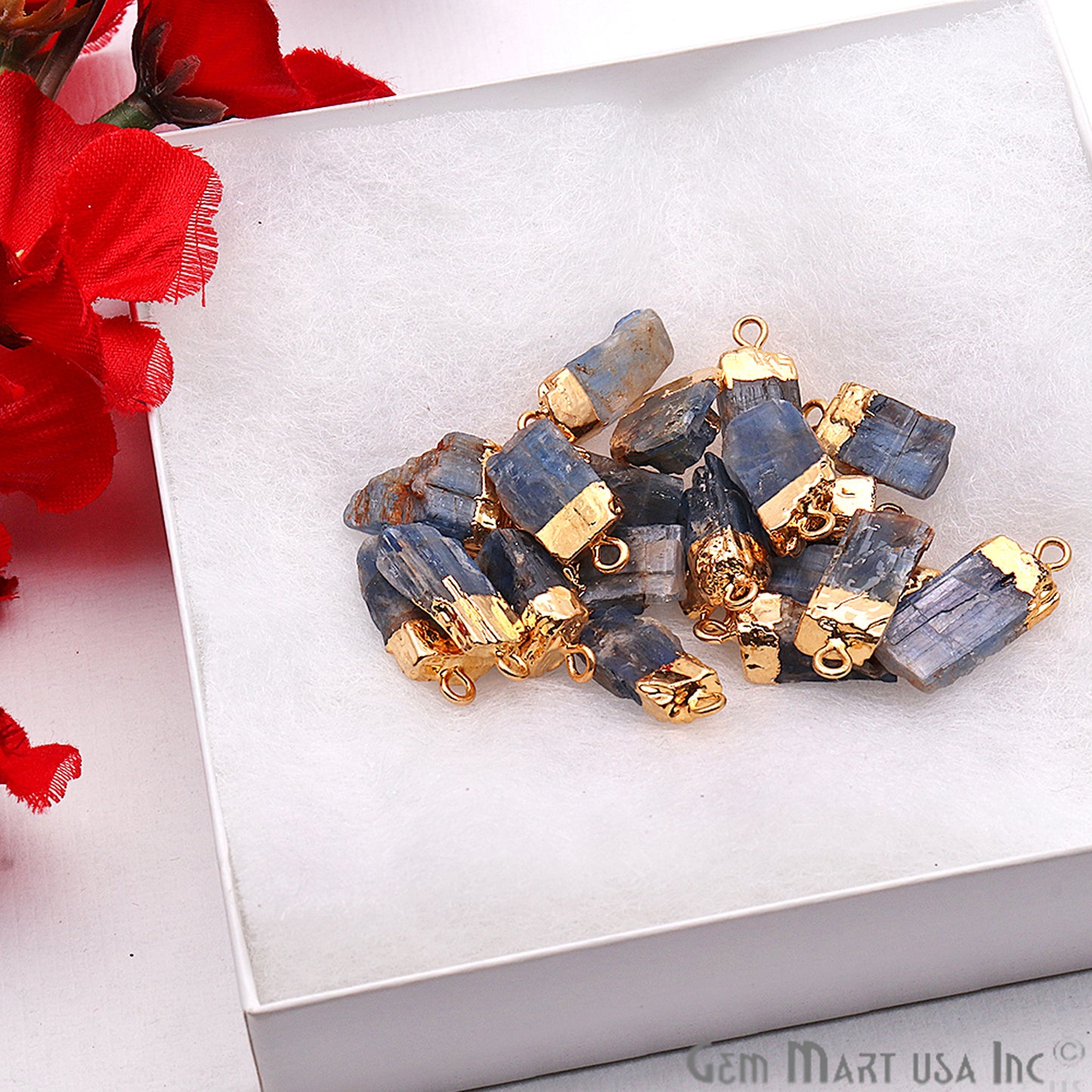 Rough Kyanite Gemstone 18x9mm Organic Gold Edged Single Bail Connector Charm - GemMartUSA