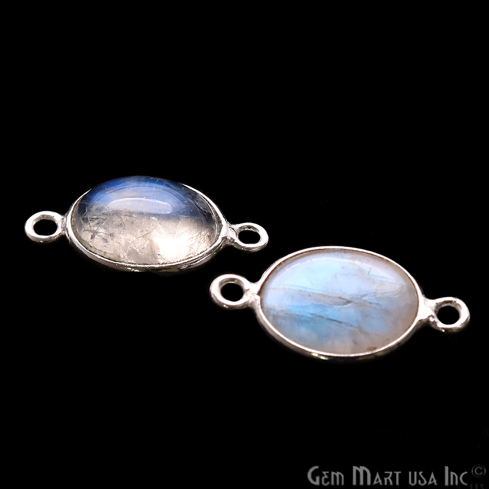 Rainbow Moonstone Cabochon 9x11mm Oval Silver Plated Double Bail Gemstone Connector - GemMartUSA