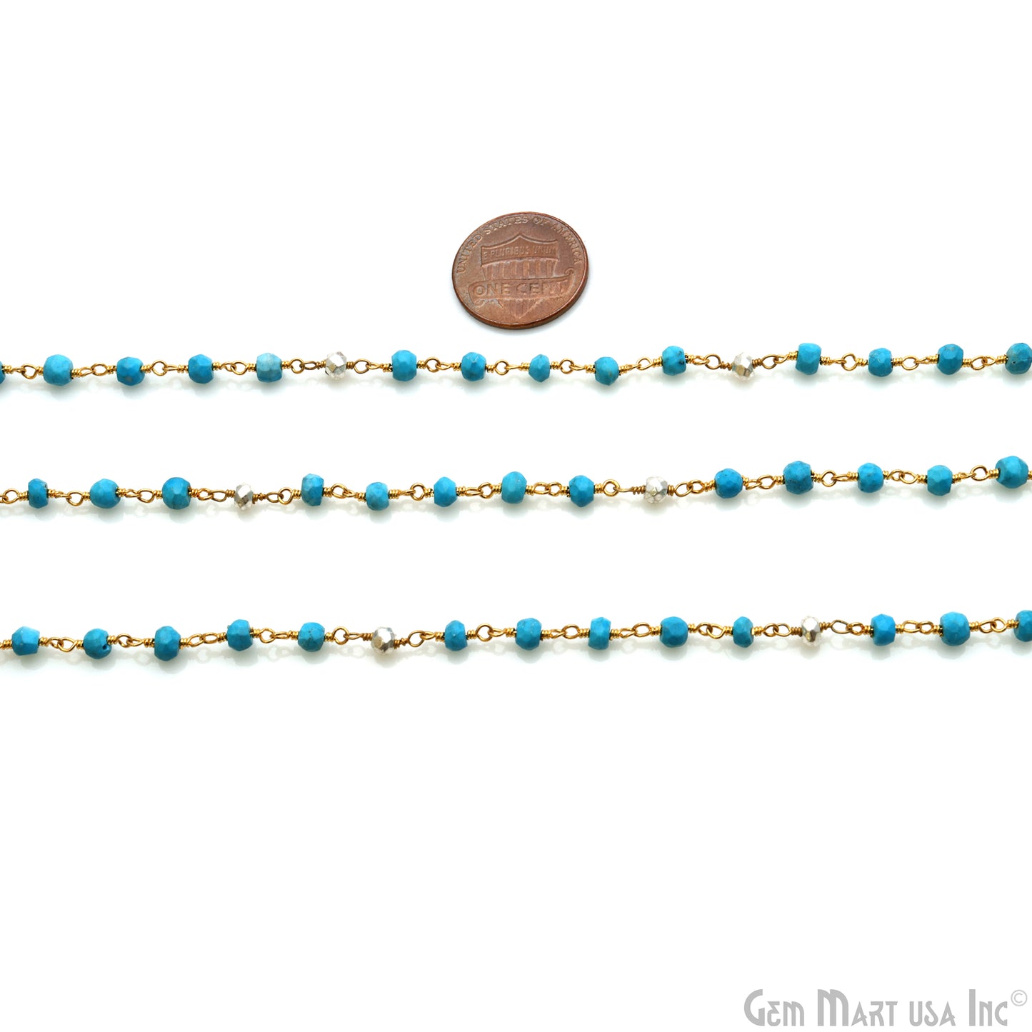 Turquoise With Silver Pyrite Gold Plated Gemstone Beads Rosary Chain