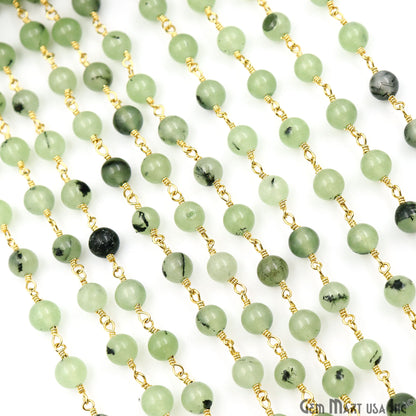 Green Rutile Jade Cabochon Beads 6mm Gold Plated Gemstone Rosary Chain