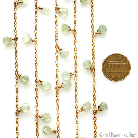 Prehnite Heart 5mm Gold Wire Wrapped Dangle Rosary Chain