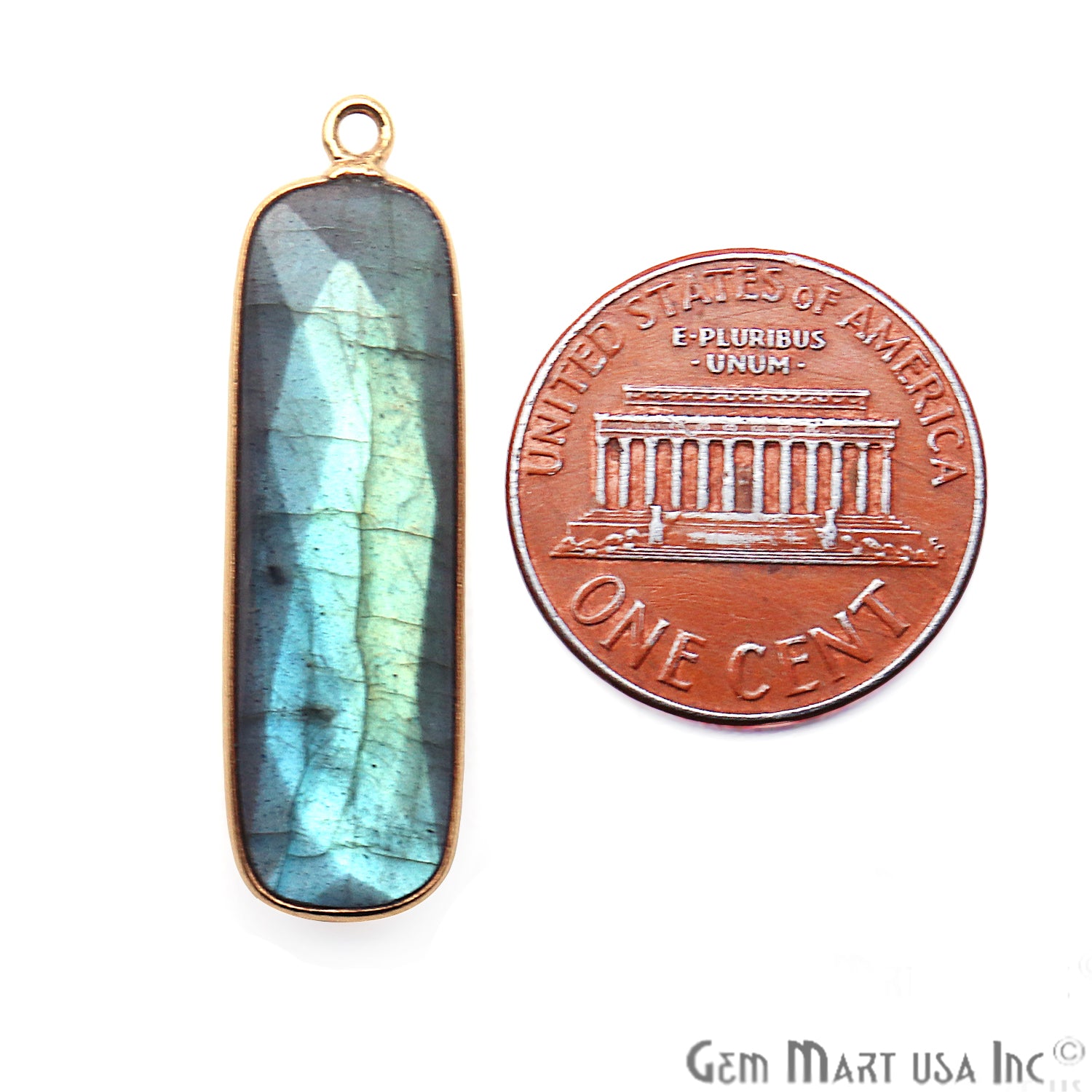 Labradorite Bar Charm 32x8mm Gold Plated Single Bail Gemstone Connector - GemMartUSA