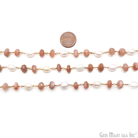 Peach Moonstone & Pearl Faceted 10-11mm Beads Gold Plated Wire Wrapped Rosary Chain