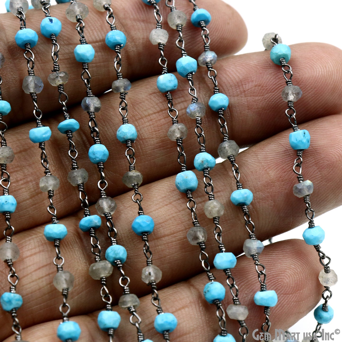 Turquoise & Labradorite 3-3.5mm Oxidized Faceted Beads Wire Wrapped Rosary Chain