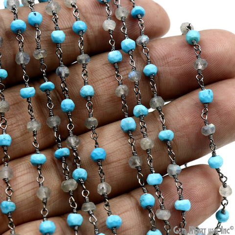 Turquoise & Labradorite 3-3.5mm Oxidized Faceted Beads Wire Wrapped Rosary Chain