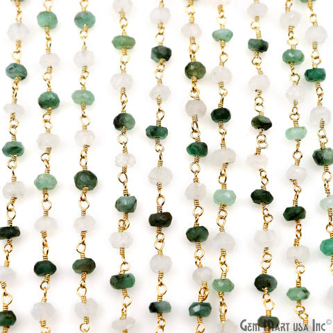 Emerald & Rainbow Faceted Beads 4mm Gold Wire Wrapped Rosary Chain