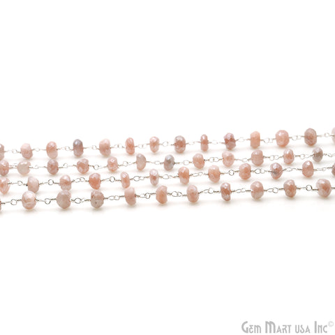 Peach Moonstone 6-7mm Silver Wire Wrapped Rondelle Faceted Bead Rosary Chain