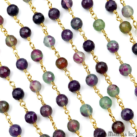 Purple Malaysia Jade Faceted Beads 6mm Gold Plated Wire Wrapped Rosary Chain