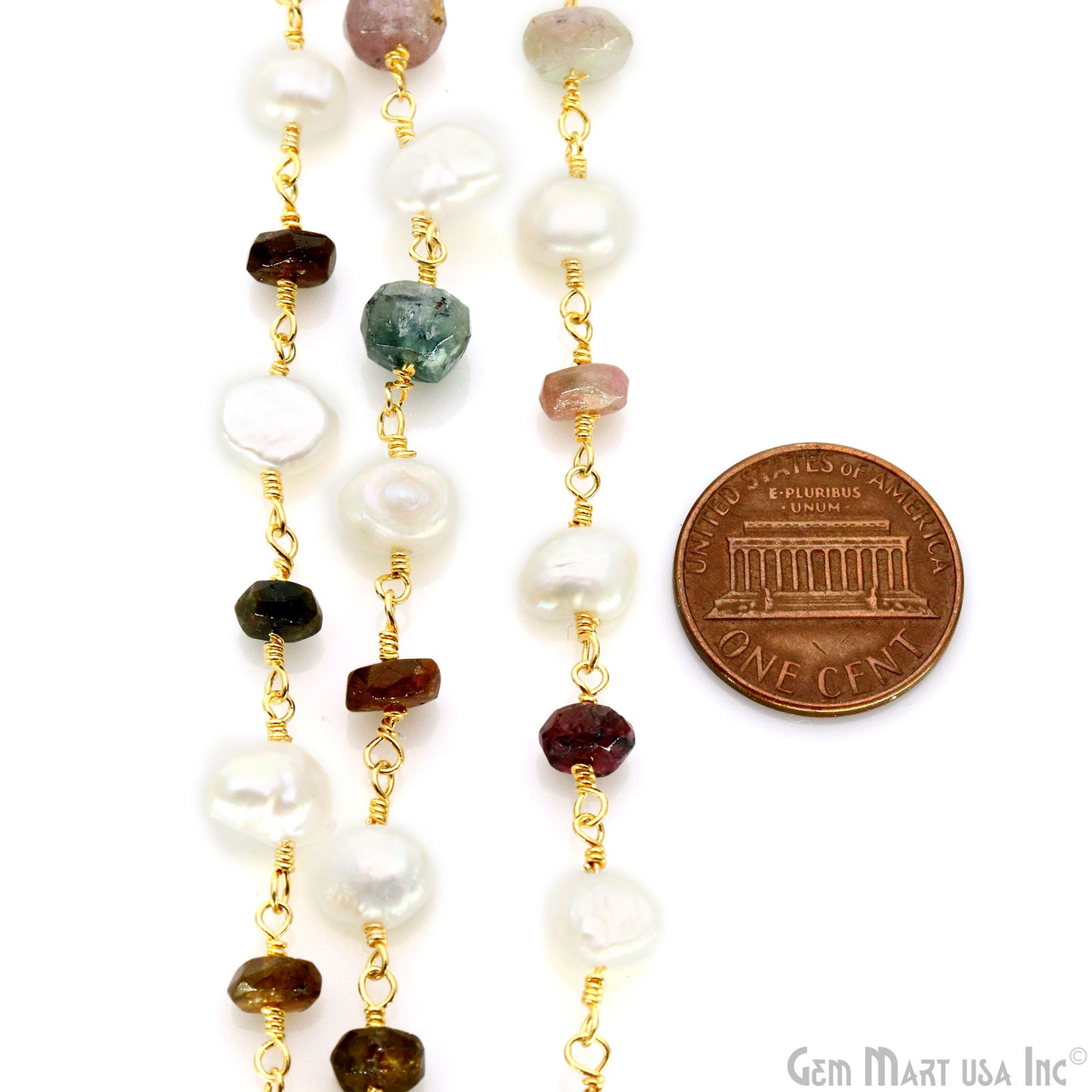 Multi Tourmaline & Pearl Gold Plated Wire Wrapped Rosary Chain