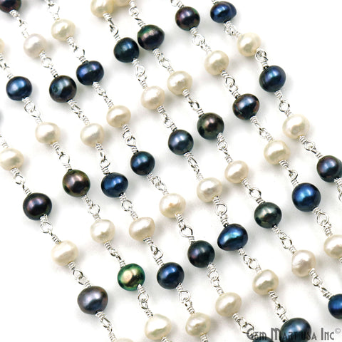 Black Pearl & Pearl Cabochon Beads 5-6mm Silver Plated Gemstone Rosary Chain
