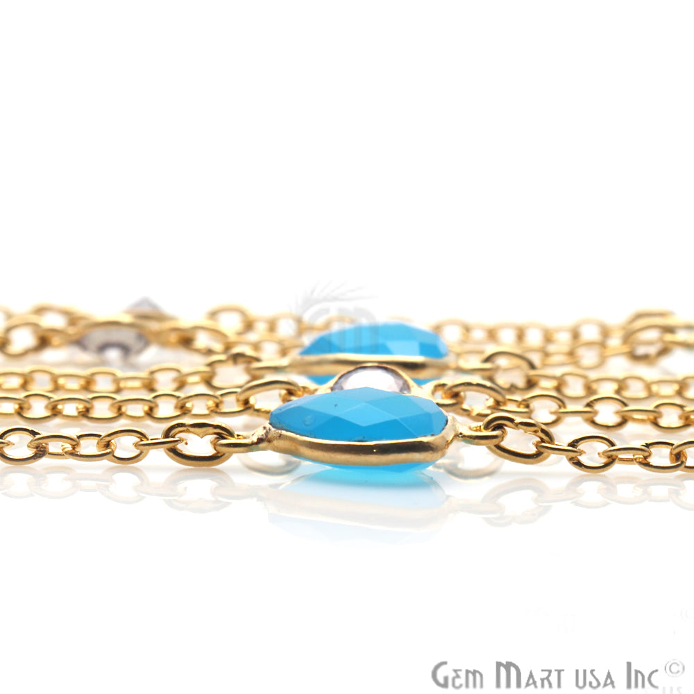 Sky Blue Chalcedony 10mm & Crystal 5mm Gold Plated Bezel Link Connector Chain - GemMartUSA