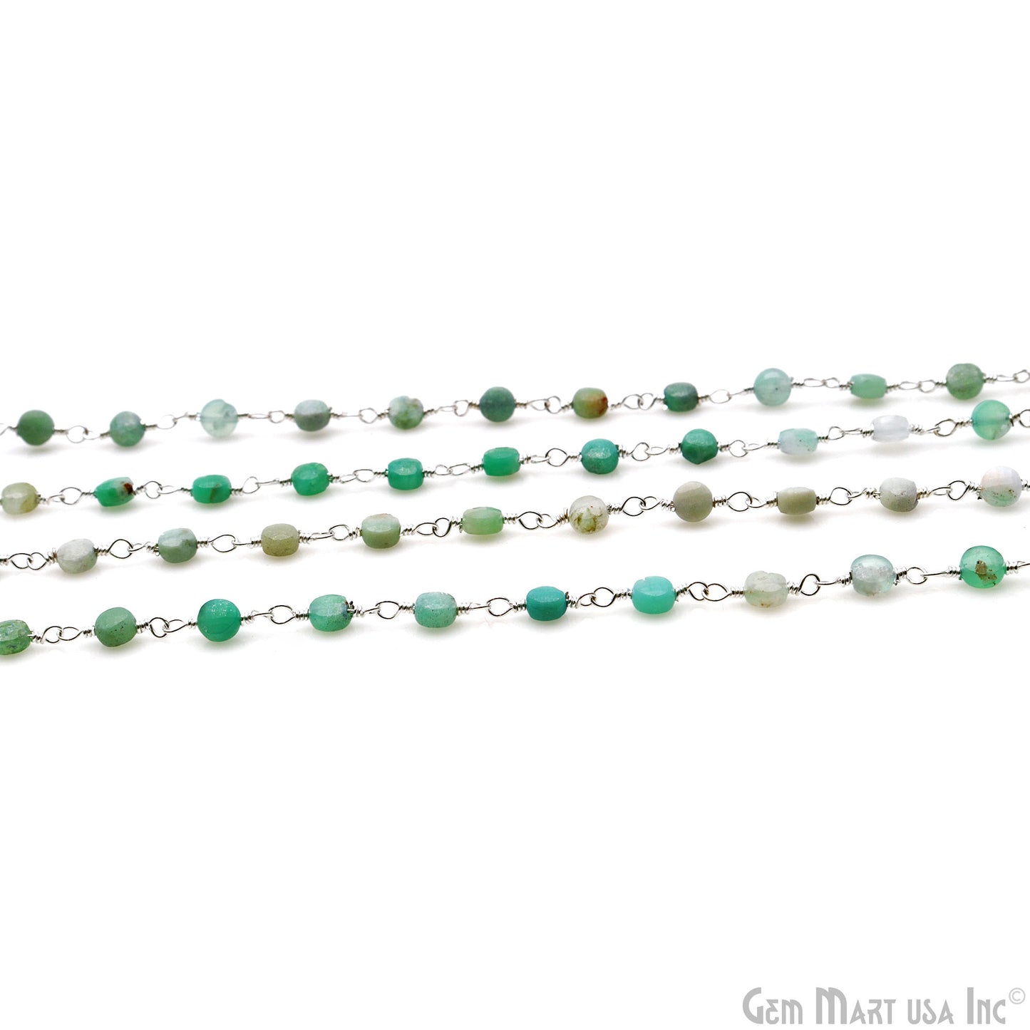 Chrysoprase Faceted Coin 3-4mm Silver Wire Wrapped Rosary Chain