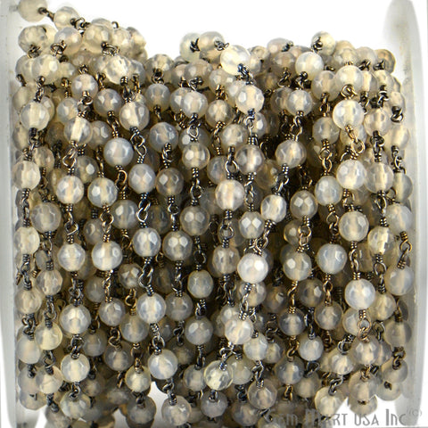 Grey Jade Faceted Beads 4mm Oxidized Wire Wrapped Rosary Chain - GemMartUSA