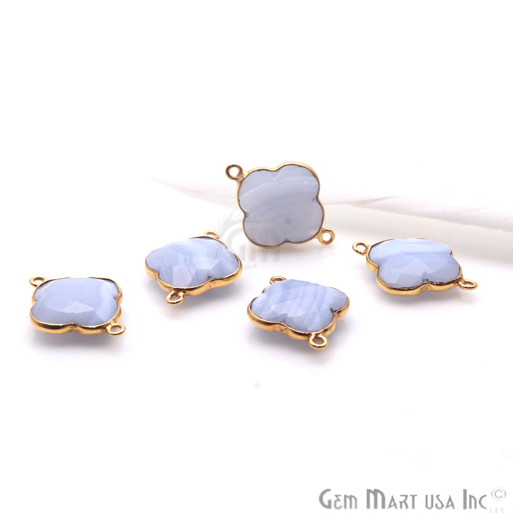 Blue Lace Agate Clover 24x17mm Gold Plated Double Bail Gemstone Connector - GemMartUSA