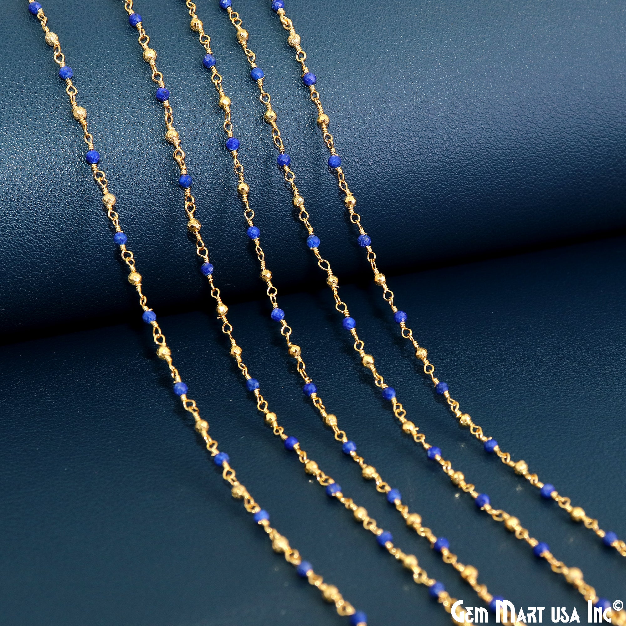 Lapis & Golden Pyrite 2-2.5mm Tiny Beads Gold Plated Wire Wrapped Rosary Chain