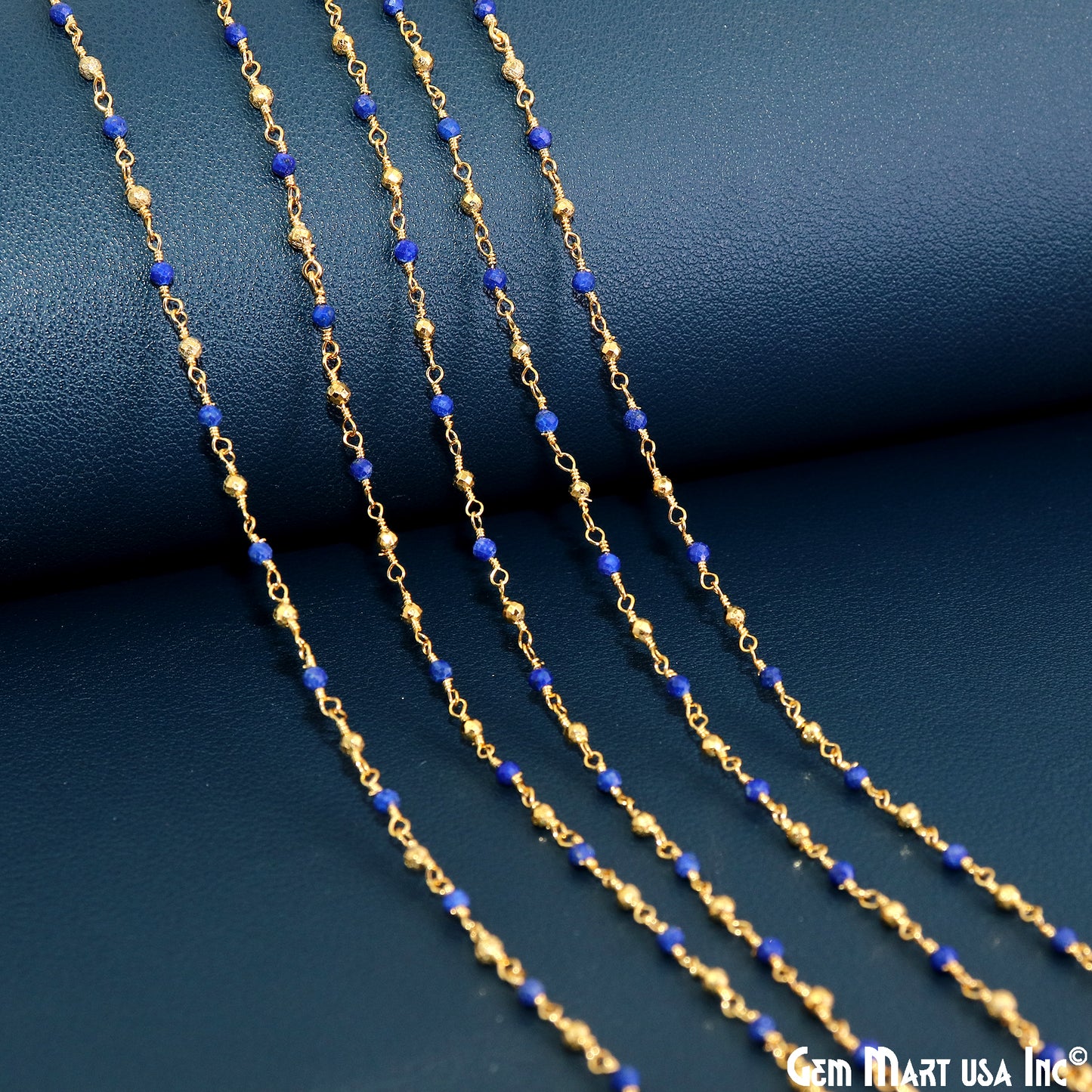 Lapis & Golden Pyrite 2-2.5mm Tiny Beads Gold Plated Wire Wrapped Rosary Chain