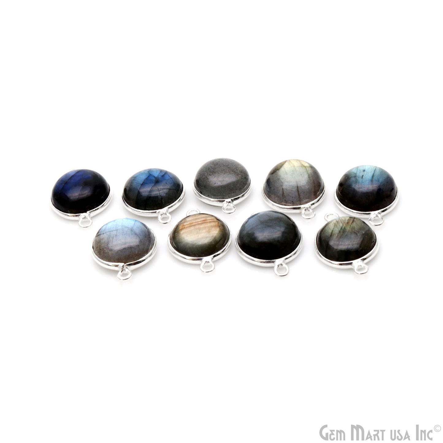 Flashy Labradorite Cabochon 13mm Round Double Bail Silver Plated Gemstone Connector