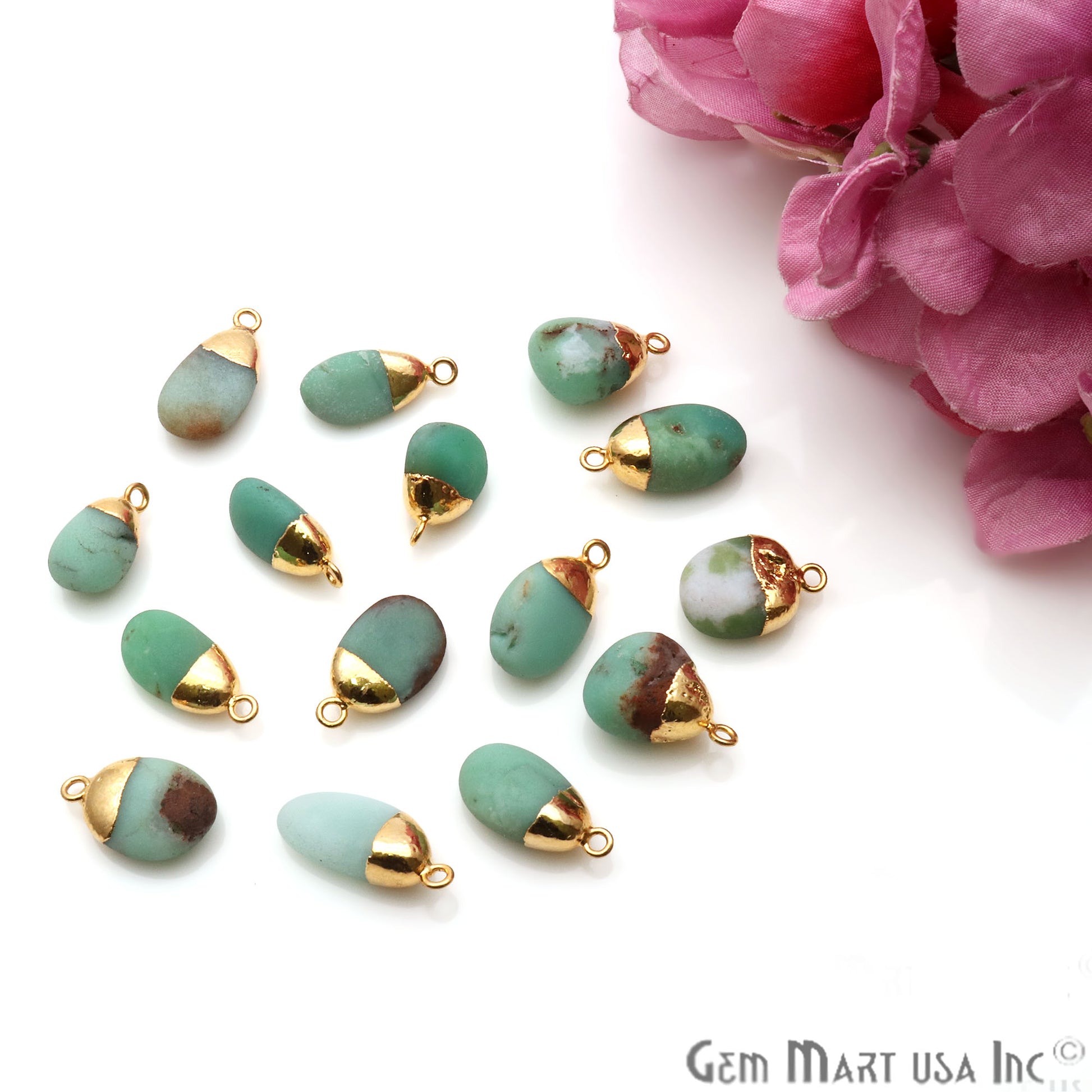 Chrysoprase Matte Beads Organic 22x13mm Gold Electroplated Pendant Connector - GemMartUSA