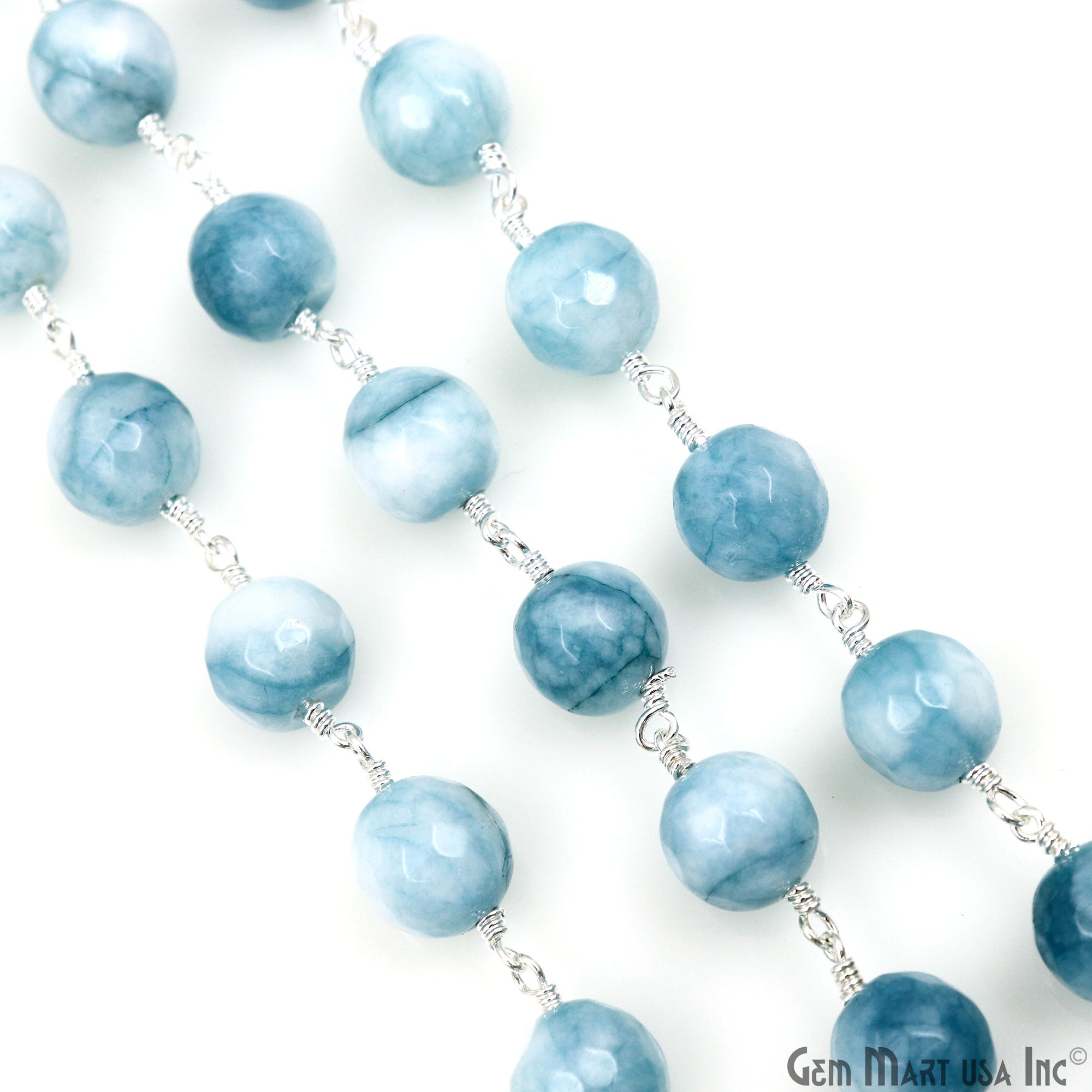 Shaded Turquoise Faceted Beads 10mm Silver Wire Wrapped Beaded Rosary Chain