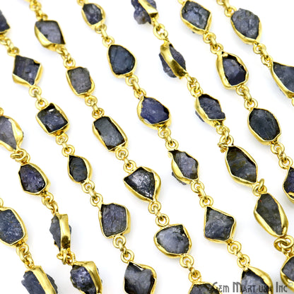 Rough Tanzanite Organic 10mm Gold Plated Bezel Continuous Connector Chain