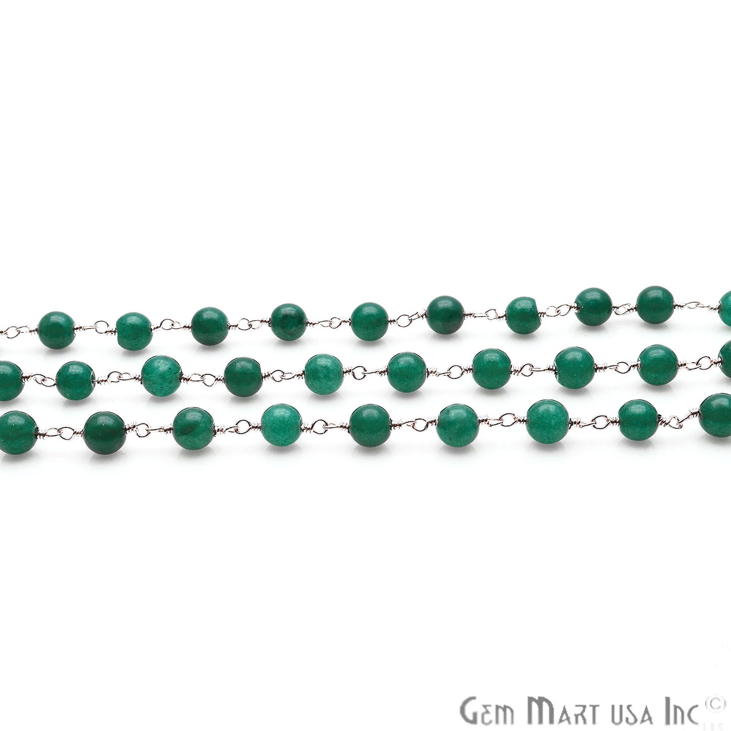 Green Jade Smooth Beads 6mm Silver Plated Wire Wrapped Rosary Chain - GemMartUSA