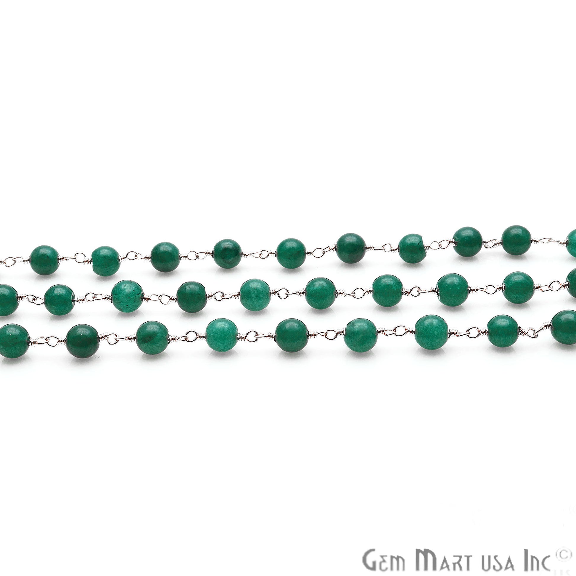 Green Jade Smooth Beads 6mm Silver Plated Wire Wrapped Rosary Chain - GemMartUSA