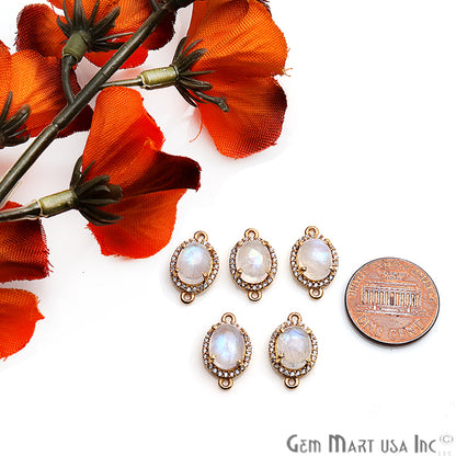 Rainbow Moonstone Cabochon & Cubic Zirconia 7x9mm Oval Gold Plated Double Bail Connector - GemMartUSA