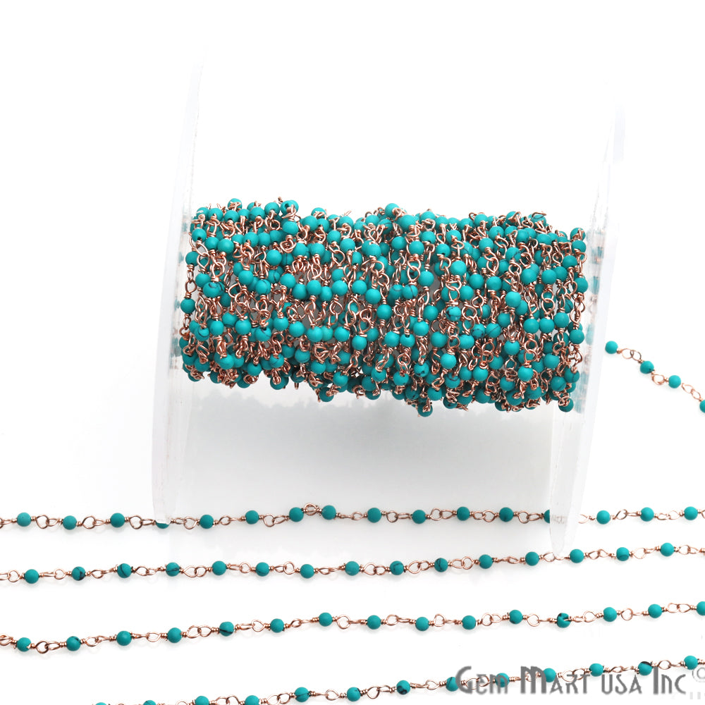 Turquoise 2-2.5mm Beaded Beaded Rose Gold Plated Wire Wrapped Rosary Chain - GemMartUSA