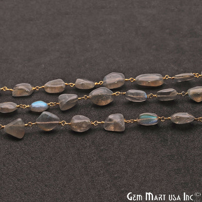 Labradorite Free Form Beads 10x6mm Gold Plated Wire Wrapped Rosary Chain - GemMartUSA