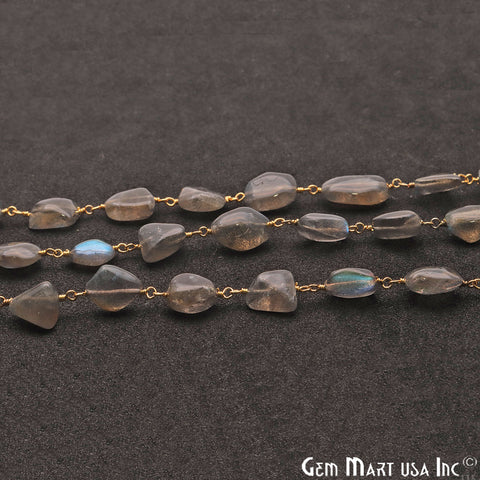 Labradorite Free Form Beads 10x6mm Gold Plated Wire Wrapped Rosary Chain - GemMartUSA