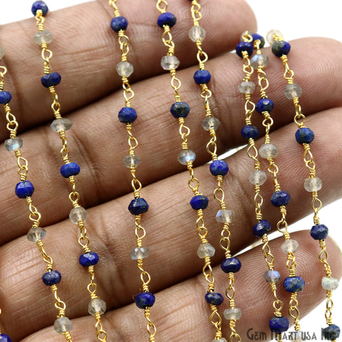 Lapis & Labradorite 3-3.5mm Gold Plated Faceted Beads Wire Wrapped Rosary Chain
