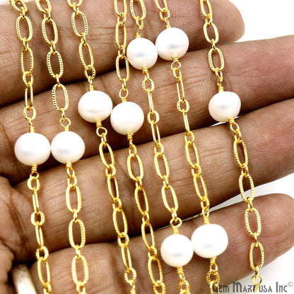 Pearl Round Beads With Gold Plated Oval Finding Rosary Chain