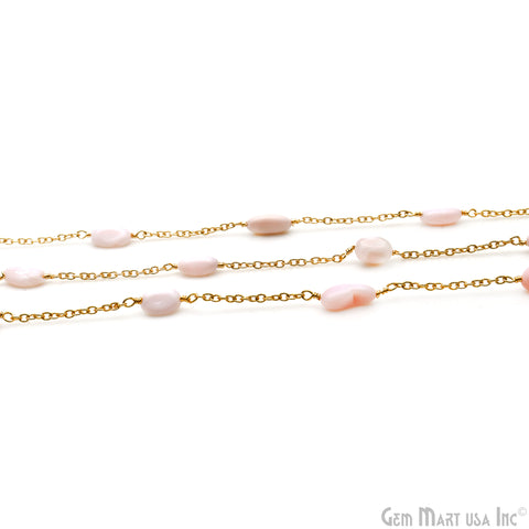 Pink Opal Tumble Beads 10x6mm Gold Wire Wrapped Rosary Chain