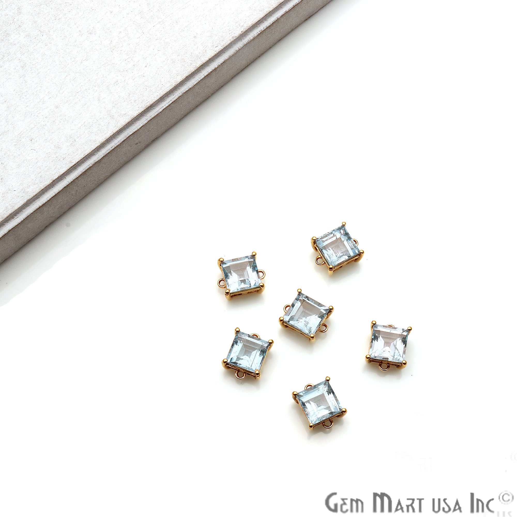 Blue Topaz 9mm Square Gold Plated Prong Setting Gemstone Connector (Pick Bail) - GemMartUSA