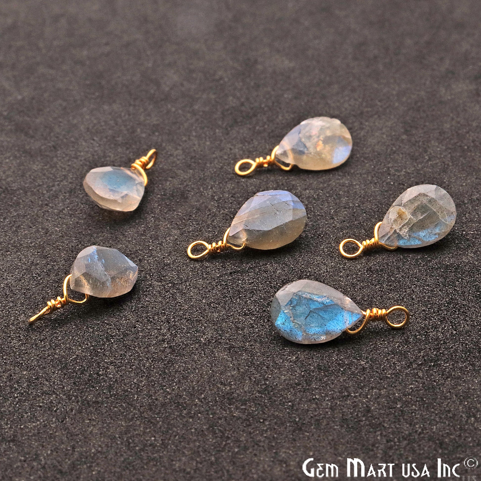 Labradorite 7x10mm Pears Single Bail Gold Wire Wrapped Gemstone Connector - GemMartUSA